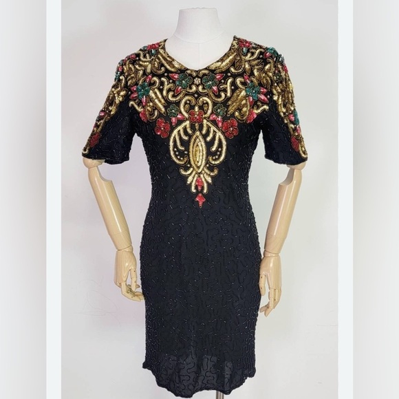 Vintage 80s Scala silk embellished beaded sequin holiday party dress size medium - Picture 1 of 9